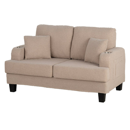 61 Divano a due posti piccolo beige con 2 cuscini e portabicchieri