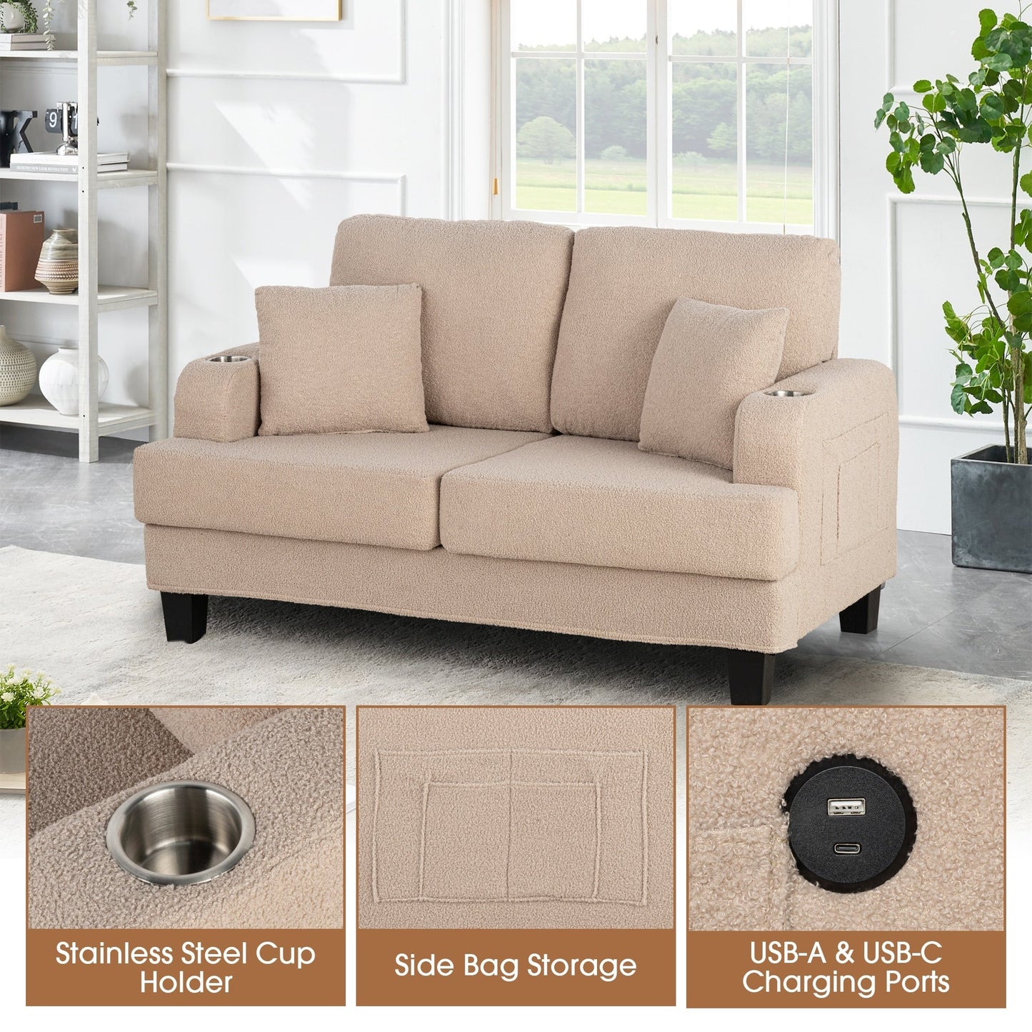 61 Divano a due posti piccolo beige con 2 cuscini e portabicchieri