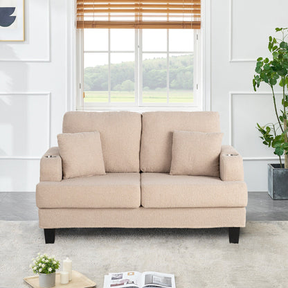 61 Divano a due posti piccolo beige con 2 cuscini e portabicchieri