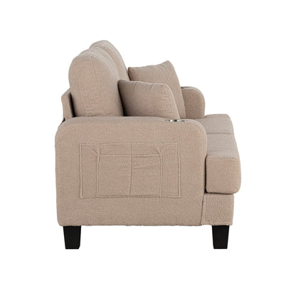 61 Divano a due posti piccolo beige con 2 cuscini e portabicchieri