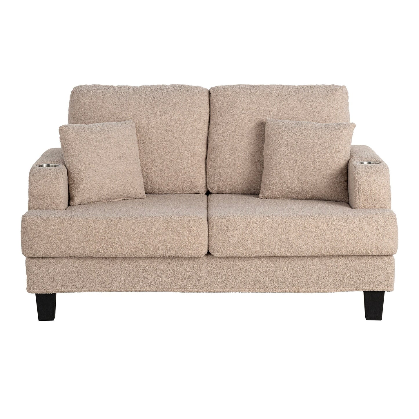 61 Divano a due posti piccolo beige con 2 cuscini e portabicchieri