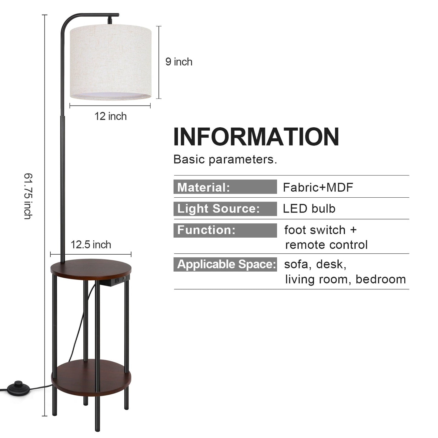 Lampada da tavolo con vassoio nero da 62'' con USB e presa