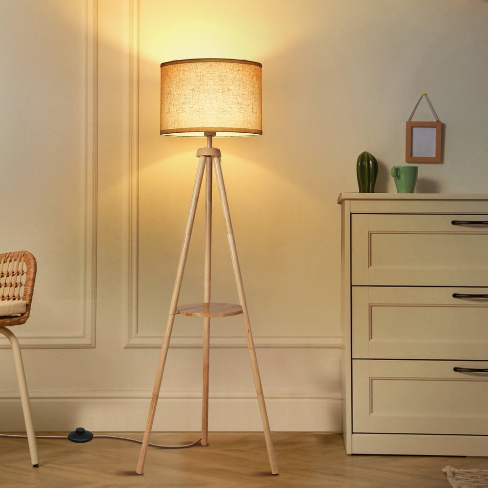 Lampada da terra con treppiede in noce da 63 pollici con gambe in legno massello e vassoio