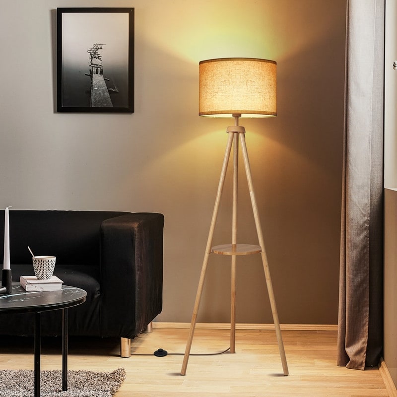 Lampada da terra con treppiede in noce da 63 pollici con gambe in legno massello e vassoio
