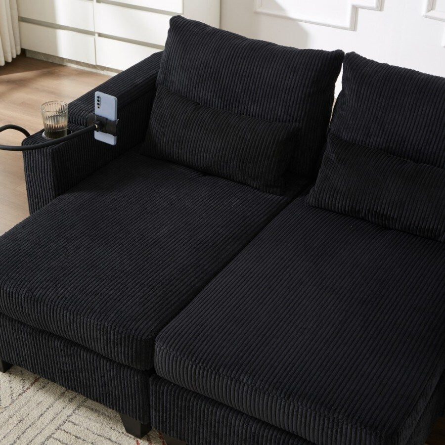 Divano letto trasformabile in velluto a coste da 63 pollici con porte USB, due portabicchieri e un portatelefono per il soggiorno