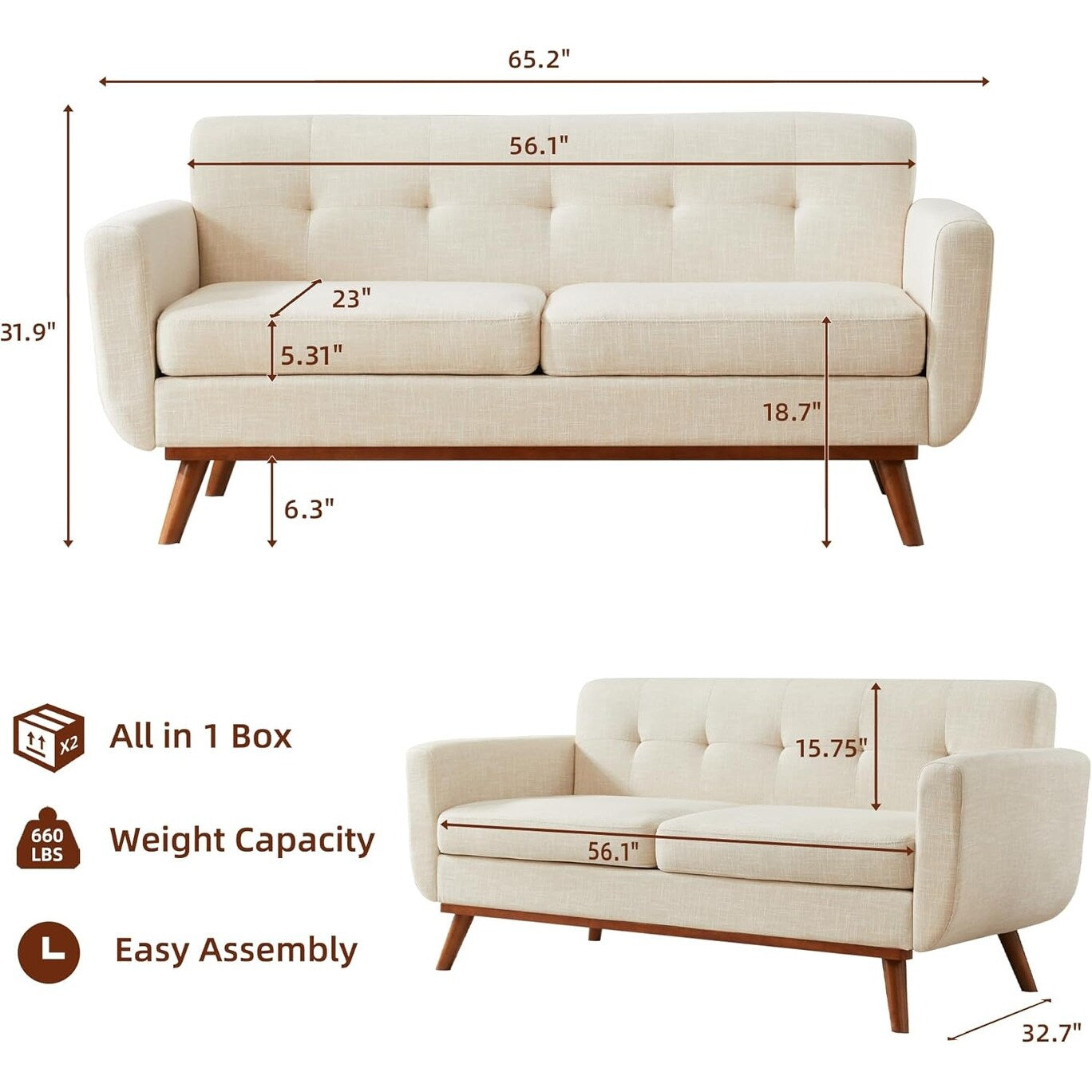 65.2 Divano a due posti Mid Century - Divano piccolo trapuntato per soggiorno e camera da letto, facile da montare (beige)