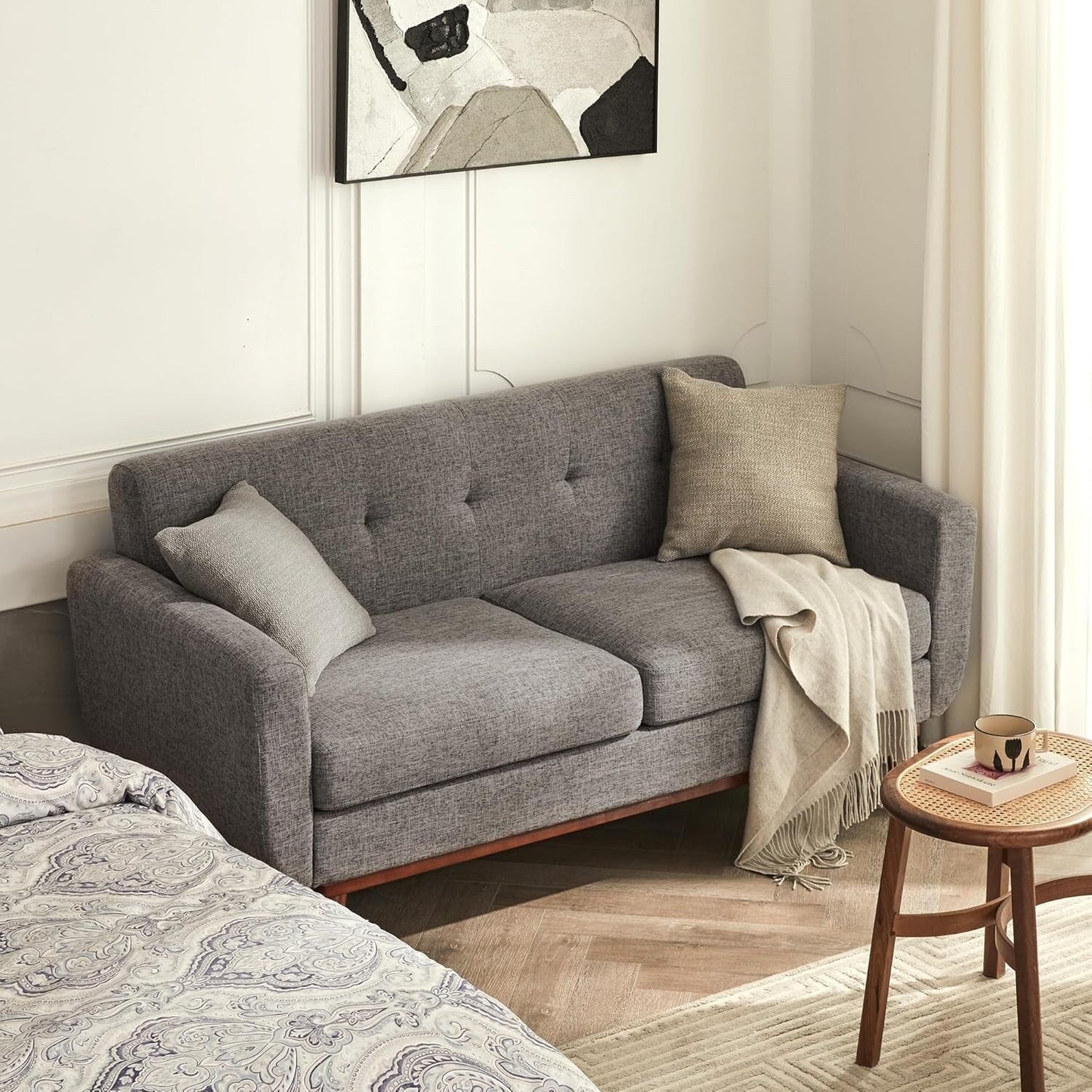 65.2 Divano a due posti Mid Century - Divano piccolo trapuntato per soggiorno e camera da letto, facile da montare (beige)