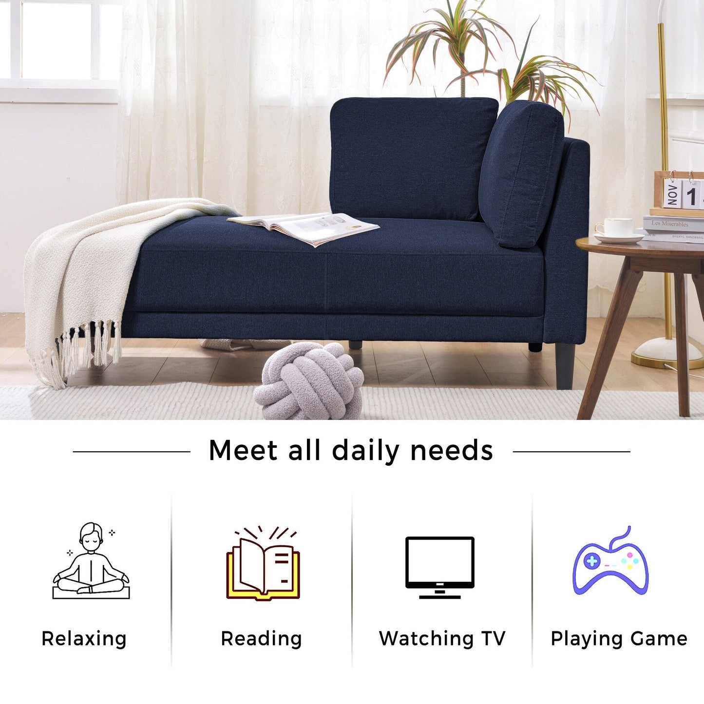 65 Chaise longue angolare moderna in lino con cuscini rimovibili, divano letto, divano per il tempo libero, chaise longue imbottita