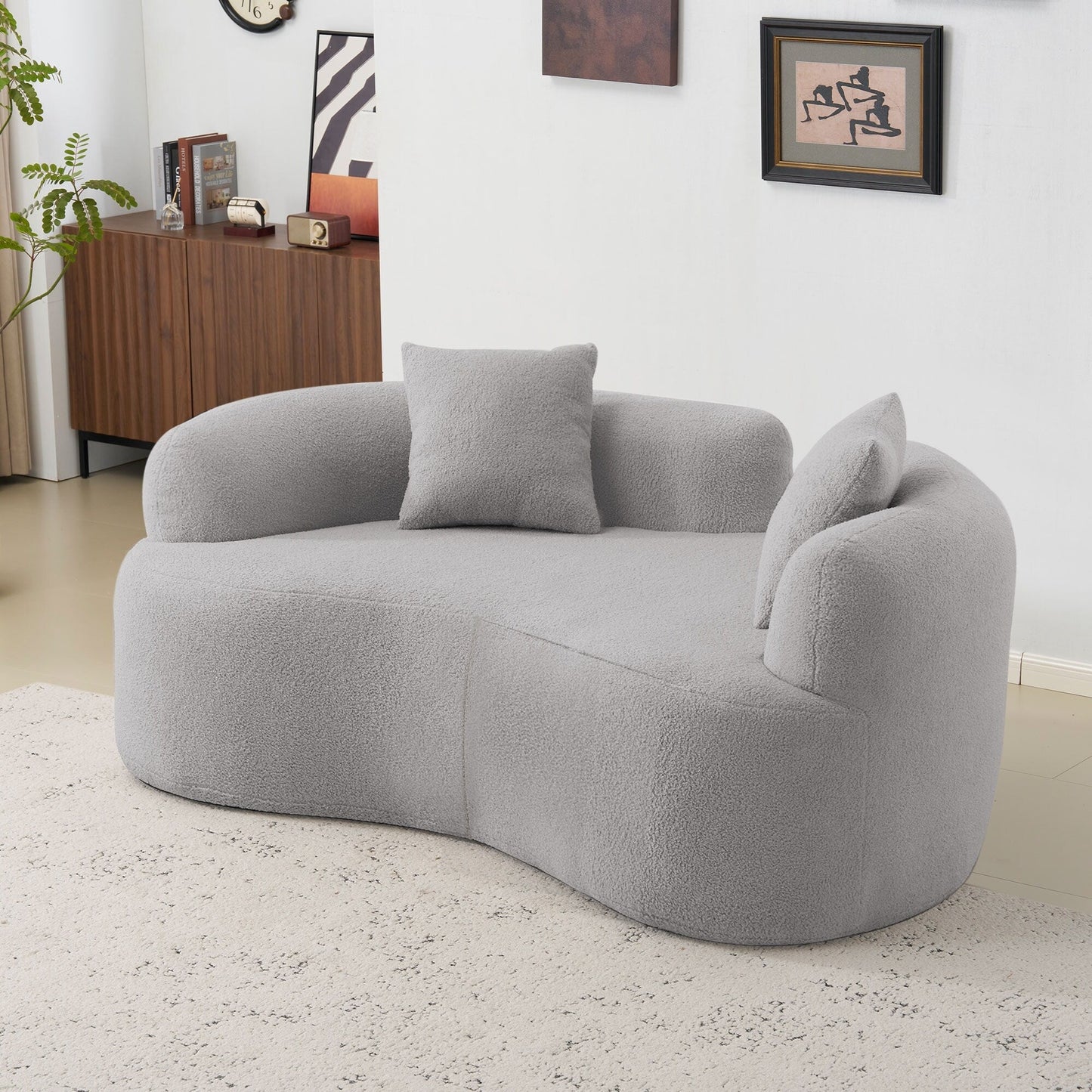 Divano a due posti curvo da 66,93 pollici, grigio, in spugna a compressione completa, tessuto in velluto Teddy, divano compatto senza montaggio