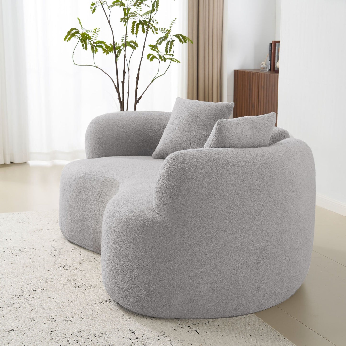Divano a due posti curvo da 66,93 pollici, grigio, in spugna a compressione completa, tessuto in velluto Teddy, divano compatto senza montaggio