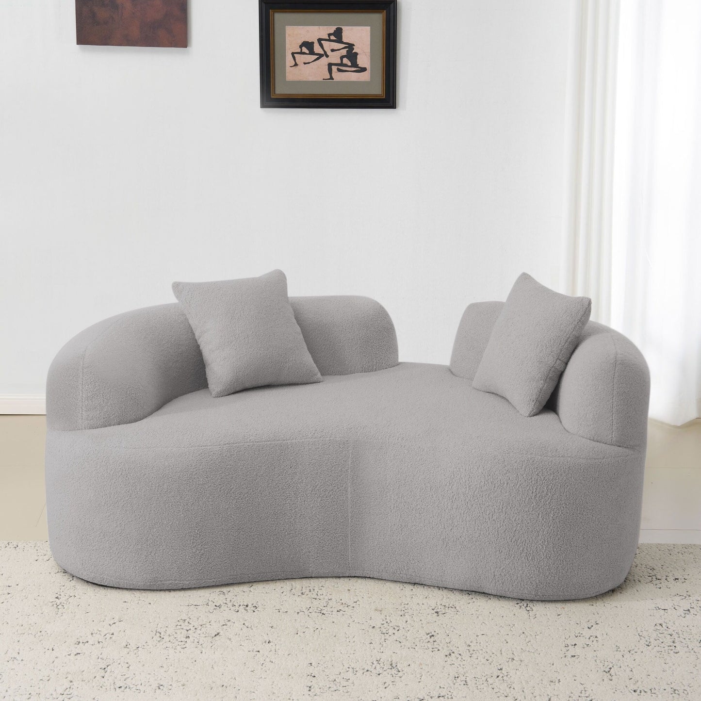 Divano a due posti curvo da 66,93 pollici, grigio, in spugna a compressione completa, tessuto in velluto Teddy, divano compatto senza montaggio