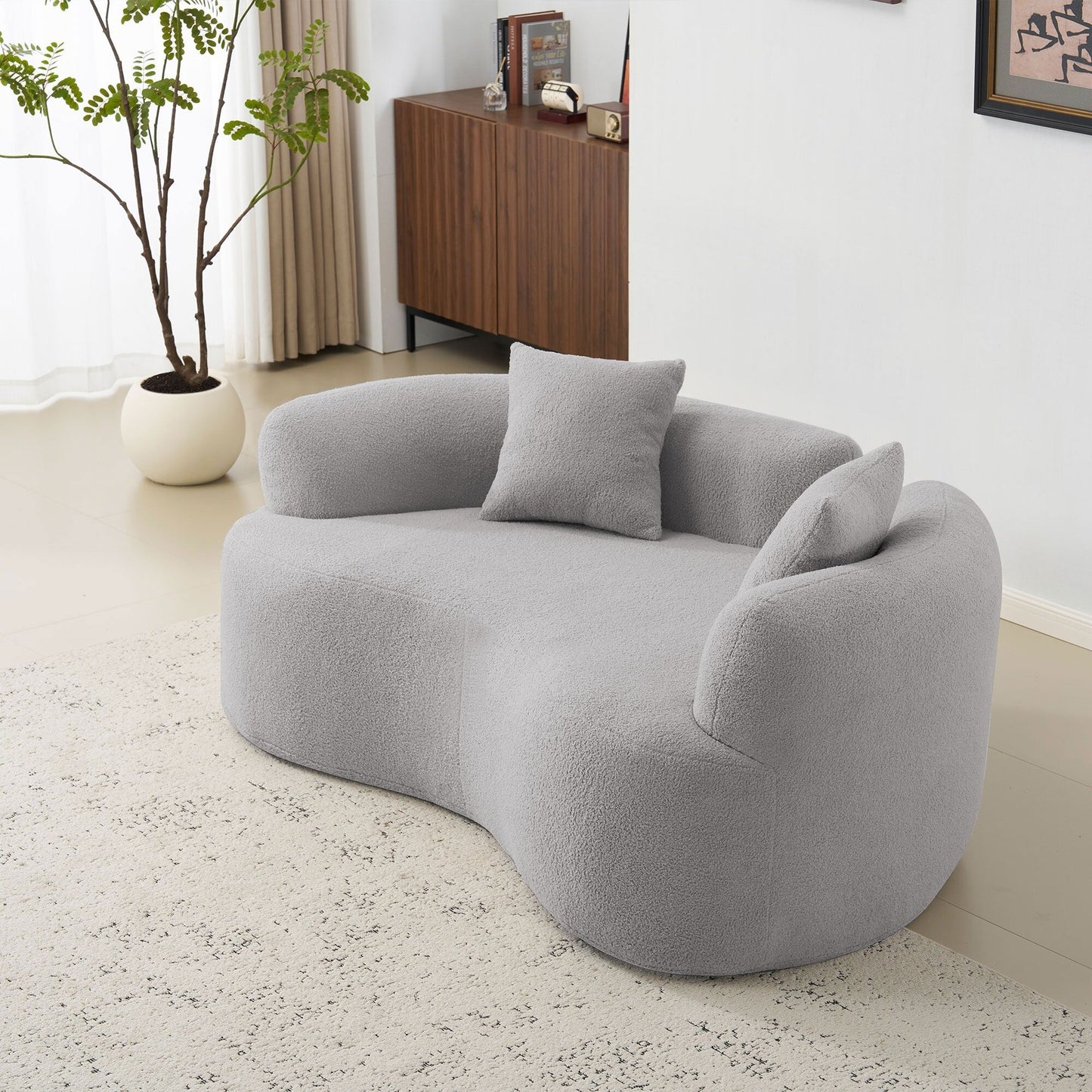 Divano a due posti curvo da 66,93 pollici, grigio, in spugna a compressione completa, tessuto in velluto Teddy, divano compatto senza montaggio