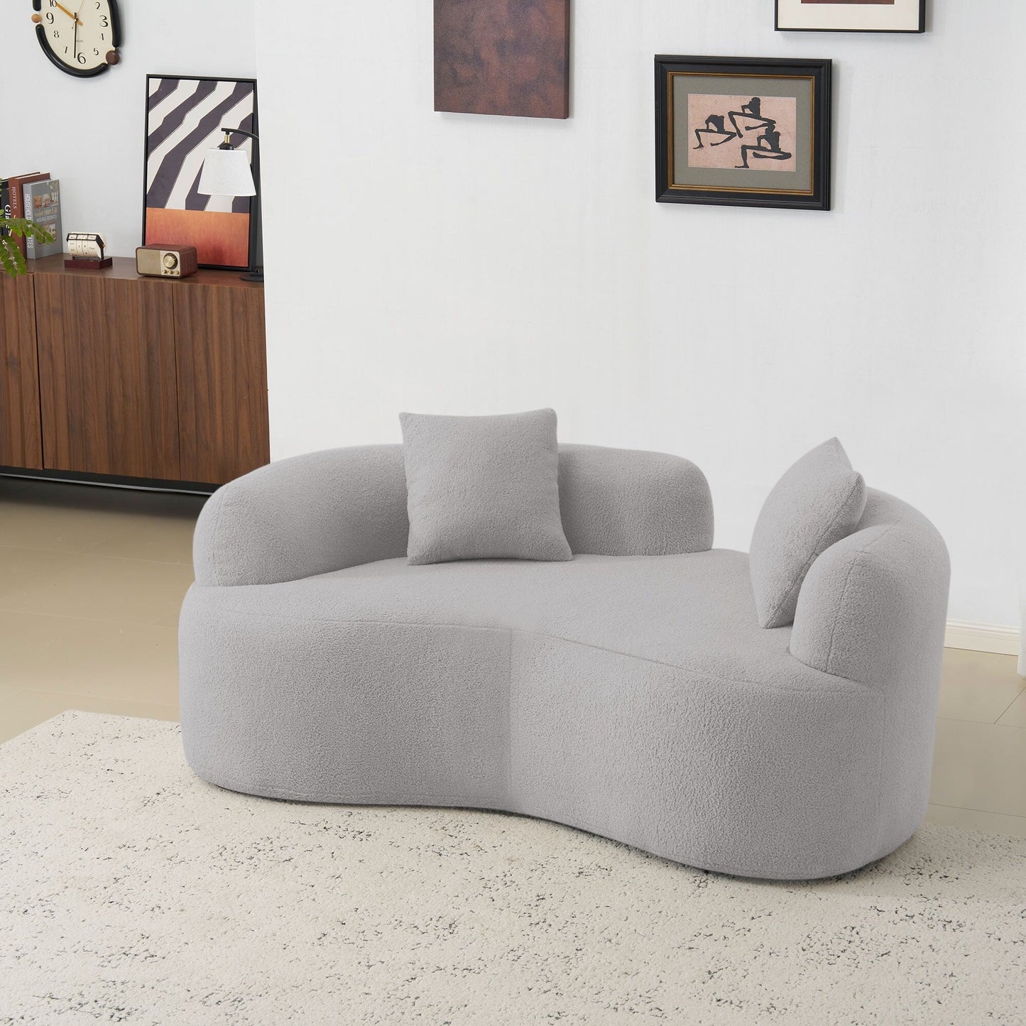 Divano a due posti curvo da 66,93 pollici, grigio, in spugna a compressione completa, tessuto in velluto Teddy, divano compatto senza montaggio