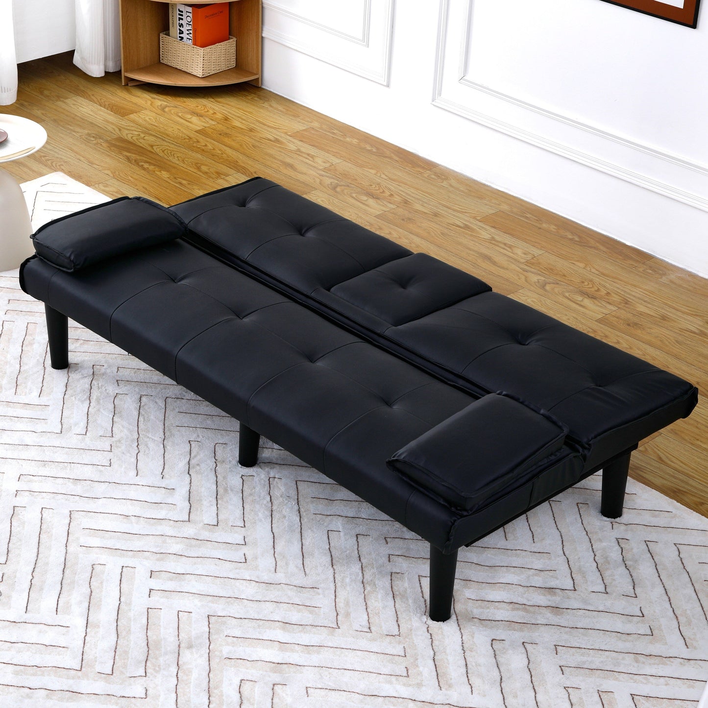 Divano letto pieghevole in PVC nero da 67 pollici con portabicchieri per soggiorno, camera degli ospiti, dormitorio, ufficio
