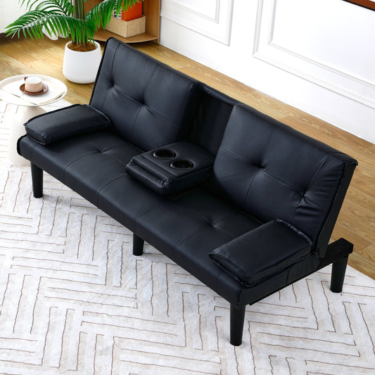 Divano letto pieghevole in PVC nero da 67 pollici con portabicchieri per soggiorno, camera degli ospiti, dormitorio, ufficio