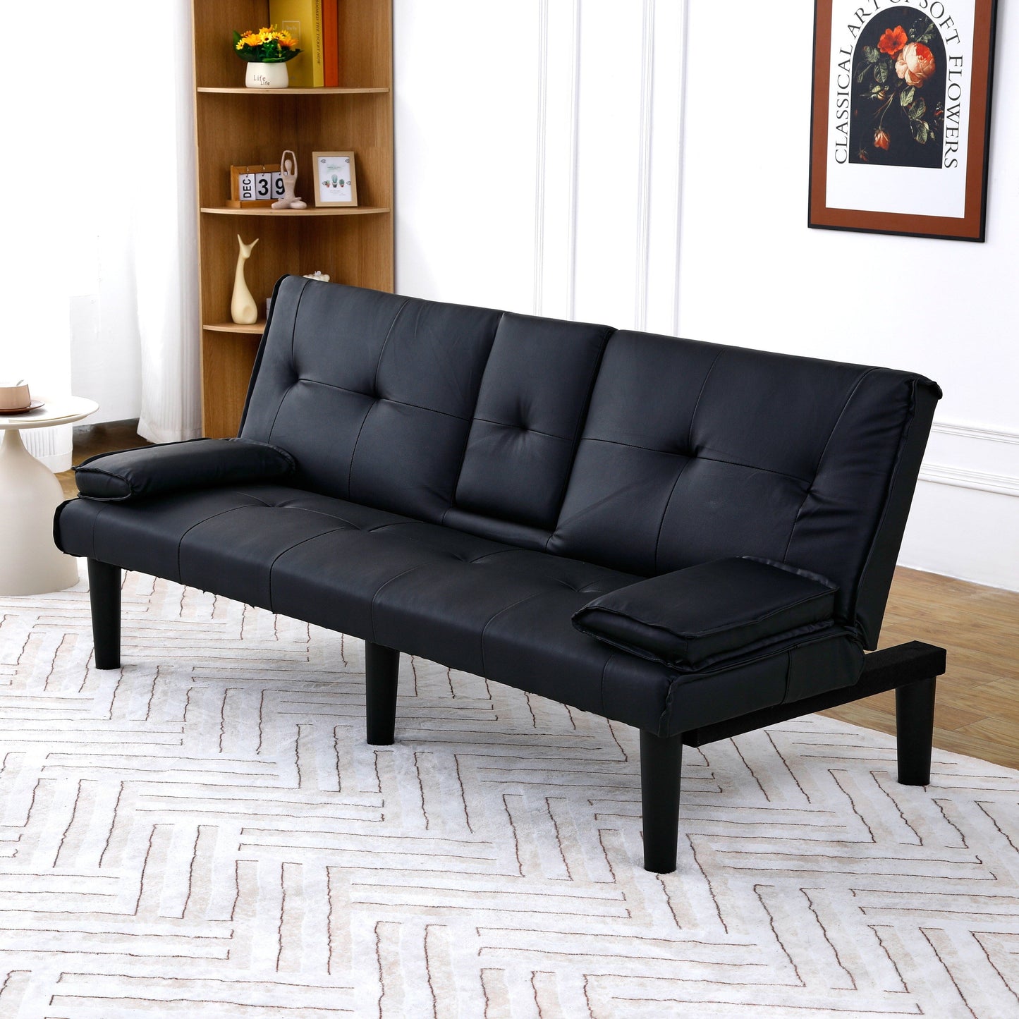 Divano letto pieghevole in PVC nero da 67 pollici con portabicchieri per soggiorno, camera degli ospiti, dormitorio, ufficio