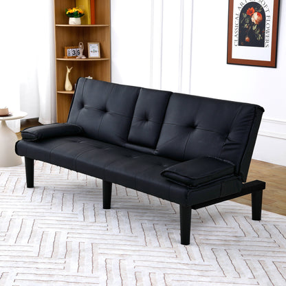 Divano letto pieghevole in PVC nero da 67 pollici con portabicchieri per soggiorno, camera degli ospiti, dormitorio, ufficio