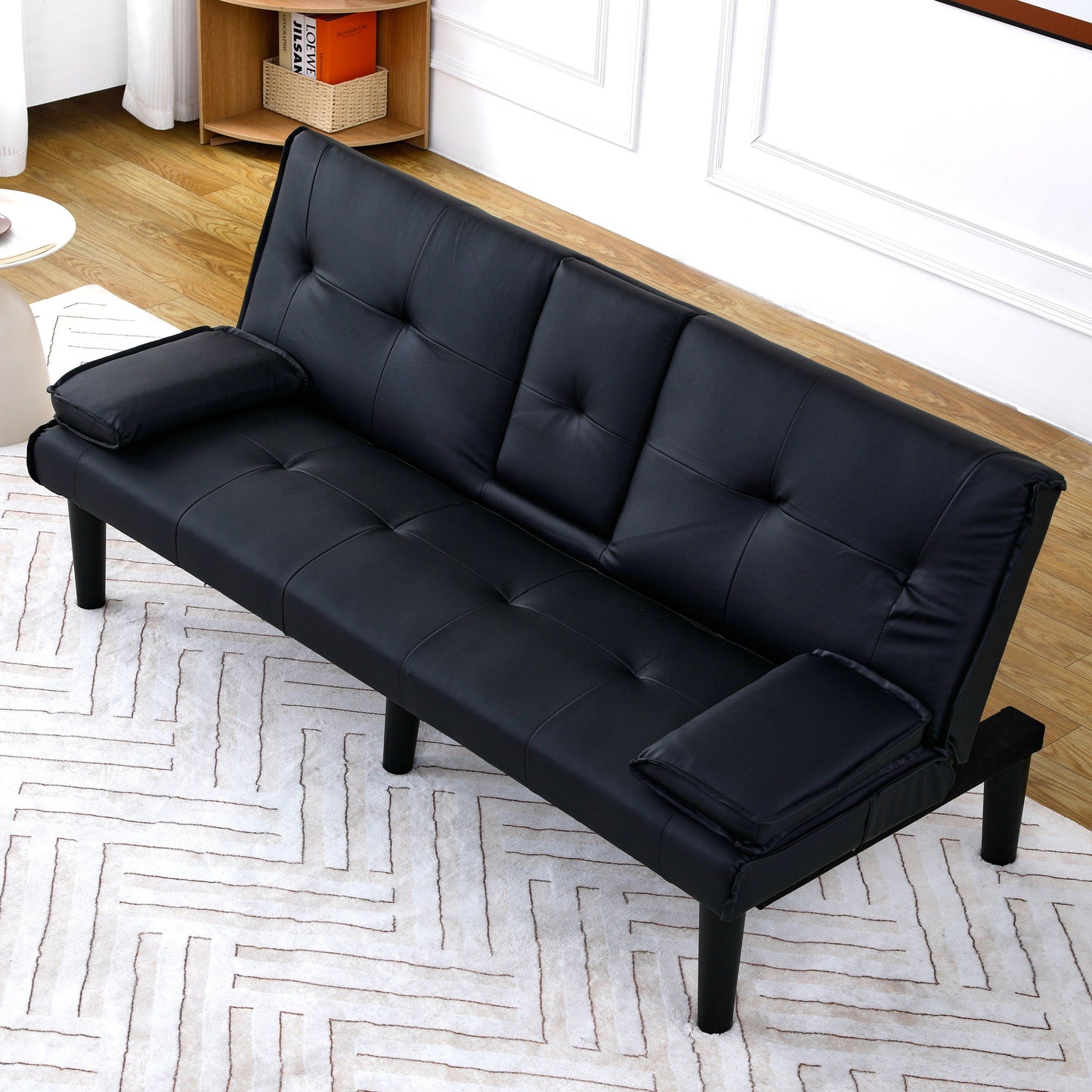 Divano letto pieghevole in PVC nero da 67 pollici con portabicchieri per soggiorno, camera degli ospiti, dormitorio, ufficio