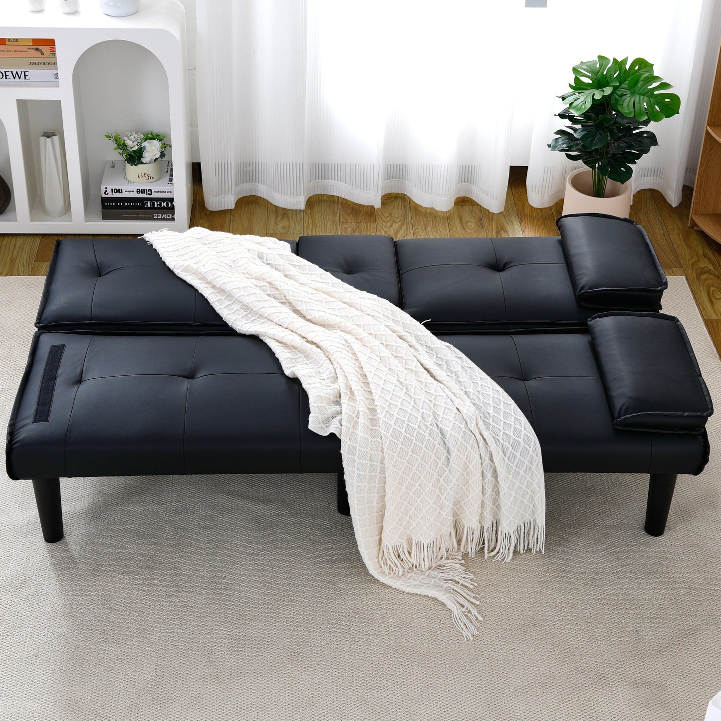Divano letto pieghevole in PVC nero da 67 pollici con portabicchieri per soggiorno, camera degli ospiti, dormitorio, ufficio