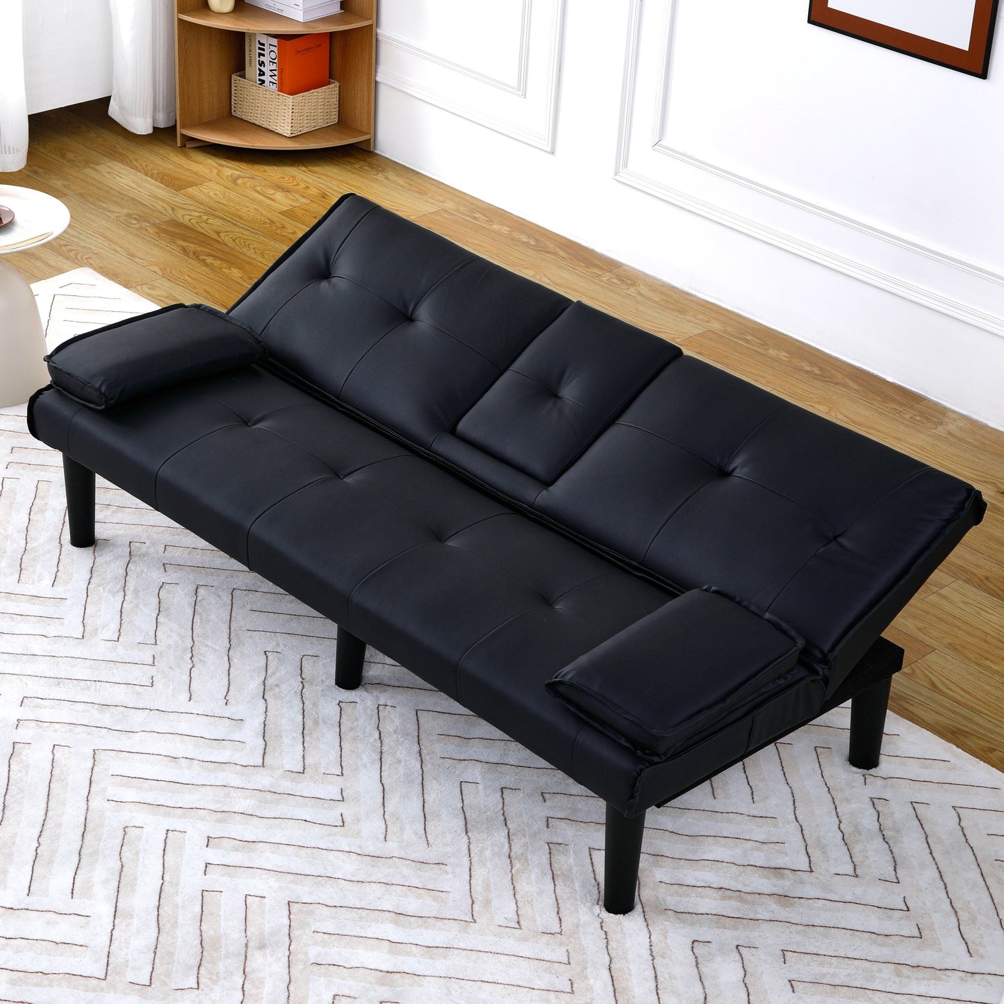 Divano letto pieghevole in PVC nero da 67 pollici con portabicchieri per soggiorno, camera degli ospiti, dormitorio, ufficio