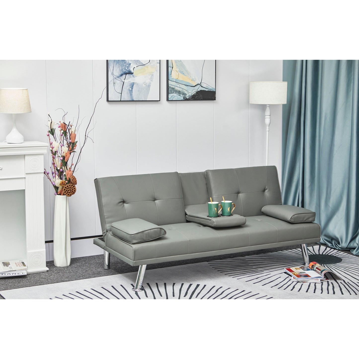 Divano letto multifunzionale in pelle bianca con tavolino - 31,00 x 67,00 x 33,00