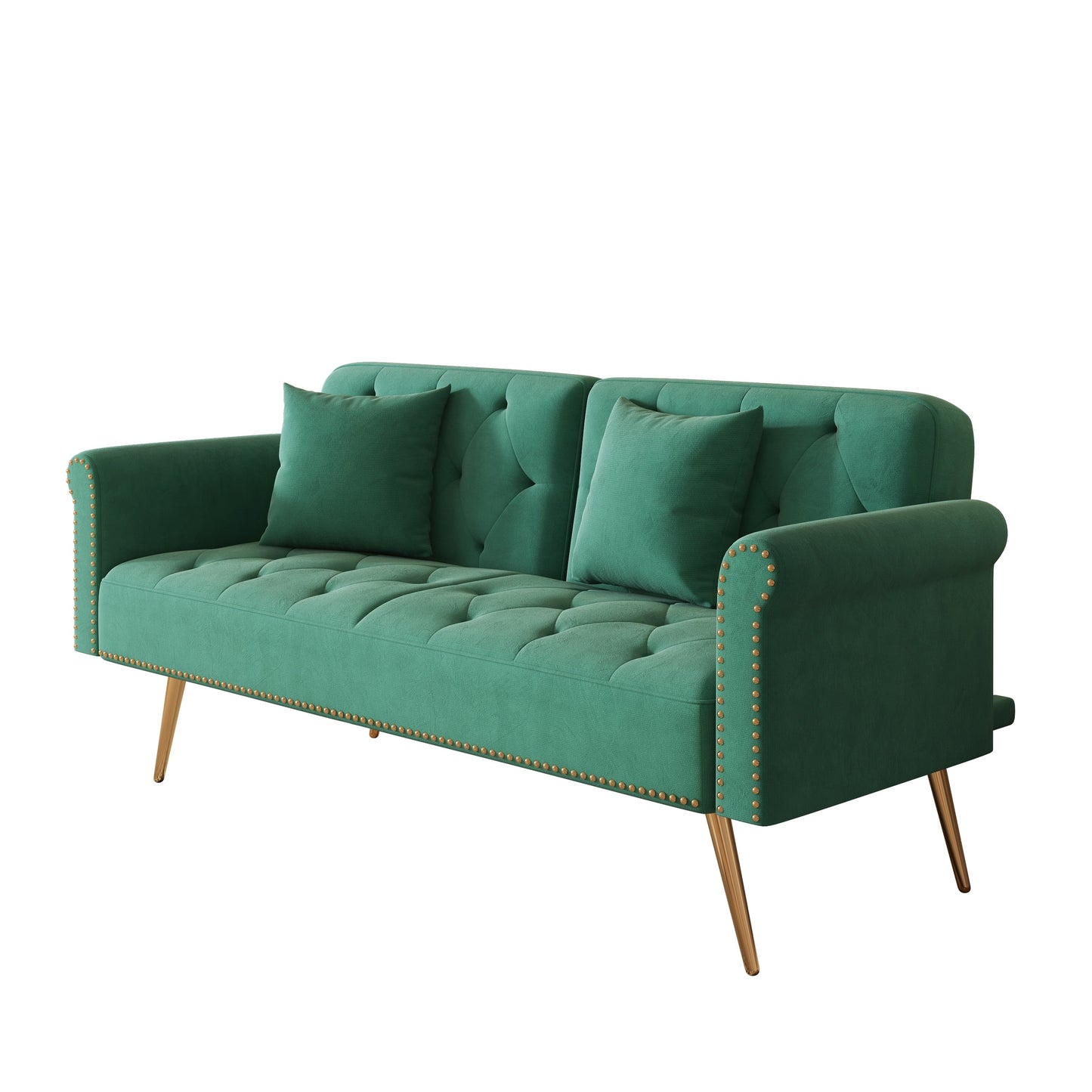 Divano letto con borchie in velluto e cuscino decorativo