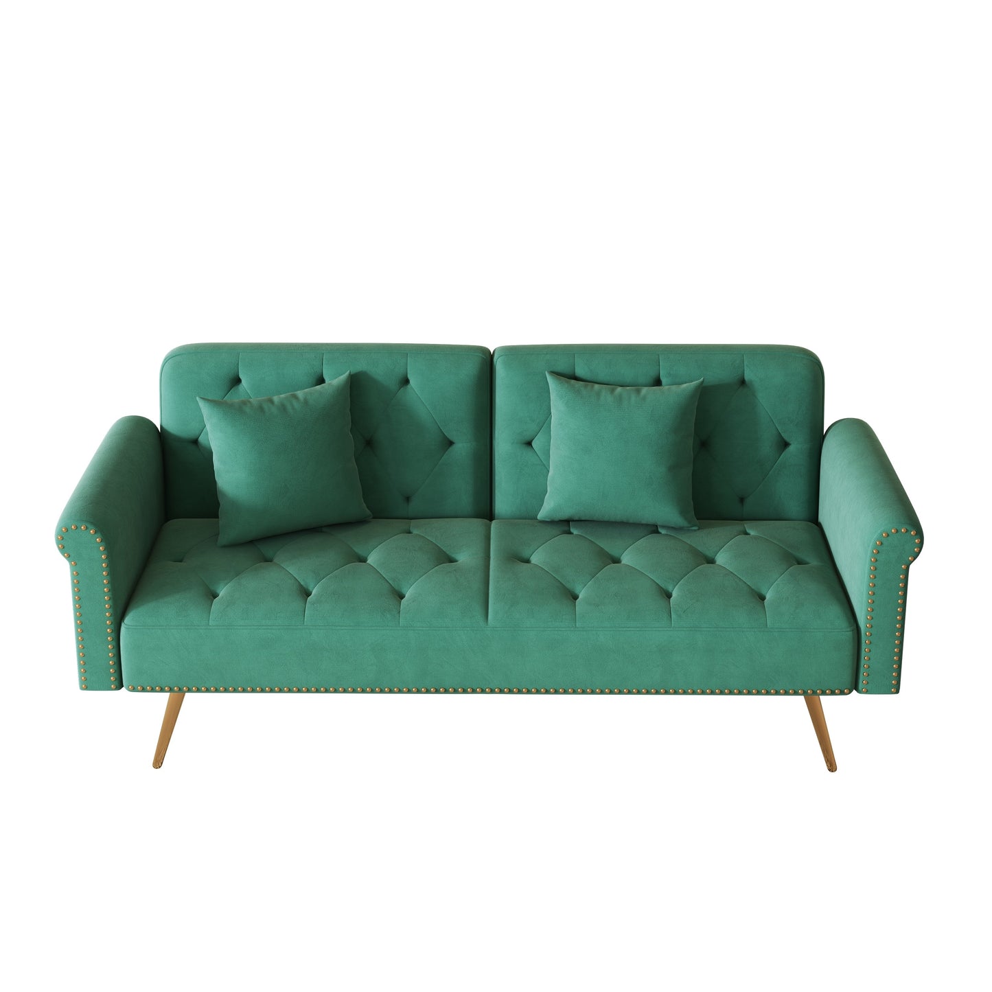 Divano letto con borchie in velluto e cuscino decorativo