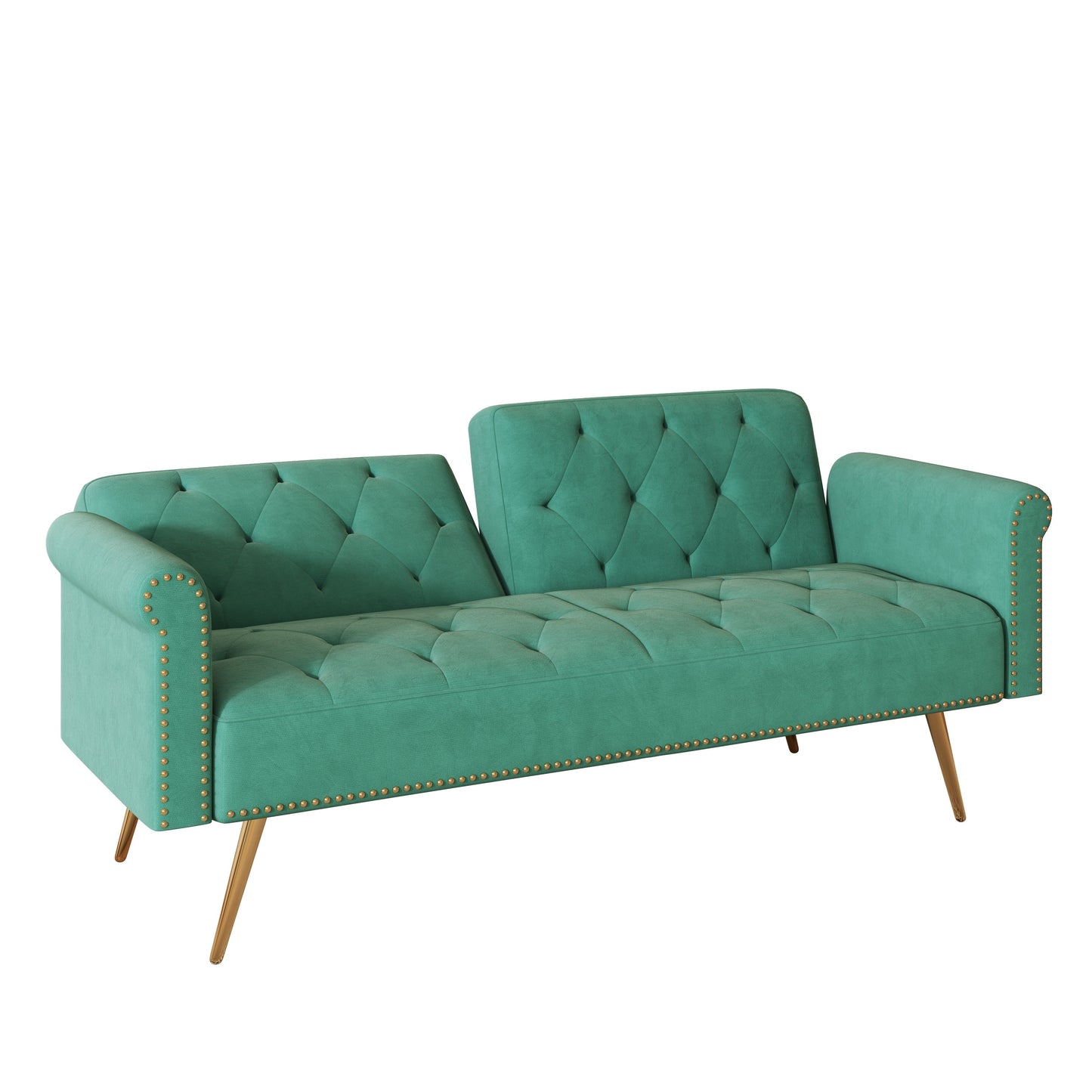 Divano letto con borchie in velluto e cuscino decorativo