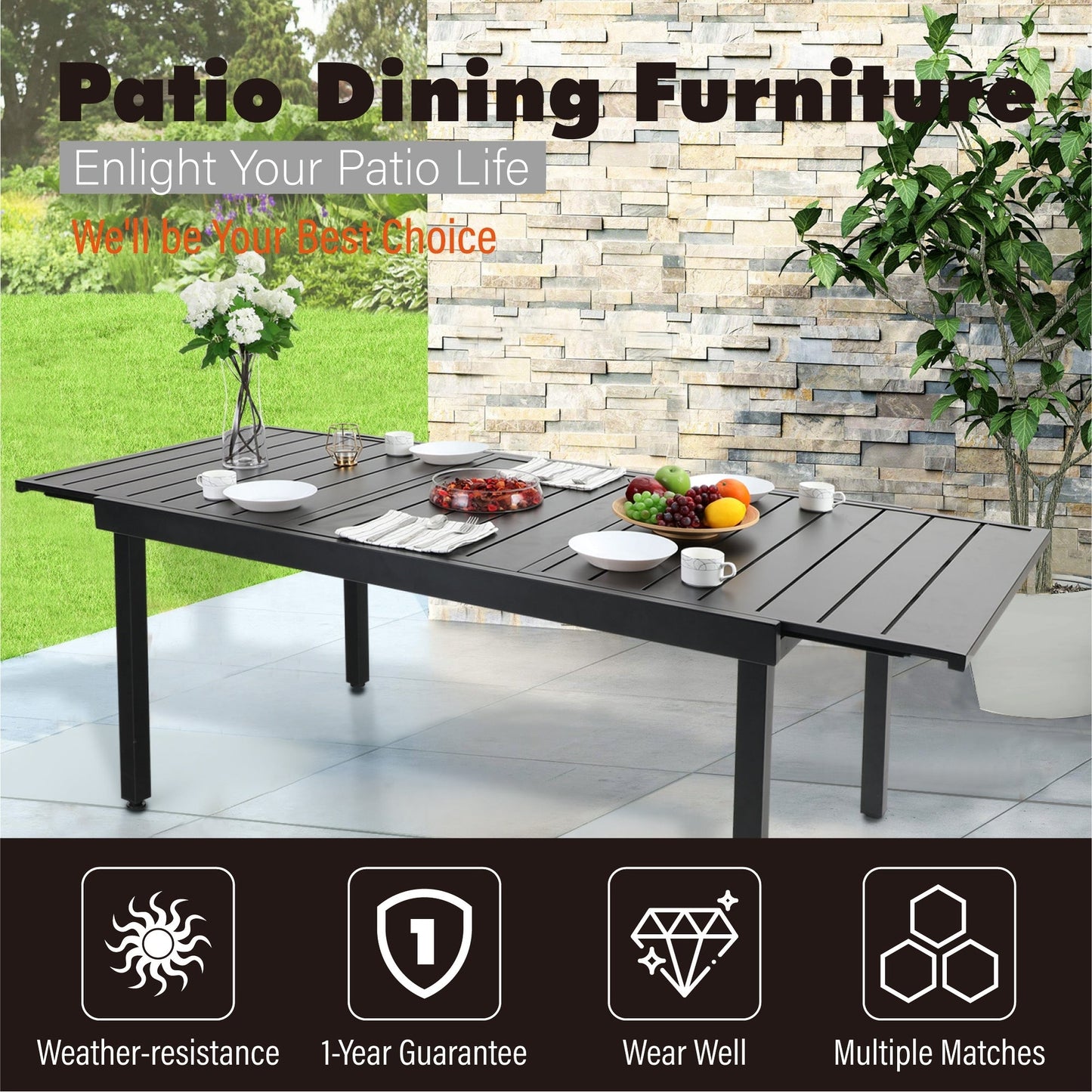 Set da pranzo per patio esterno 7/9 pezzi, 6/8 sedie con movimento a molla e cuscino, 1 sedia rettangolare