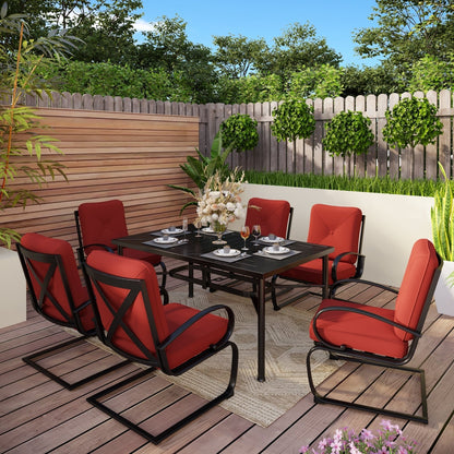Set da pranzo per patio esterno 7/9 pezzi, 6/8 sedie con movimento a molla e cuscino, 1 sedia rettangolare
