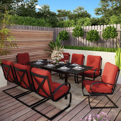 Set da pranzo per patio esterno 7/9 pezzi, 6/8 sedie con movimento a molla e cuscino, 1 sedia rettangolare