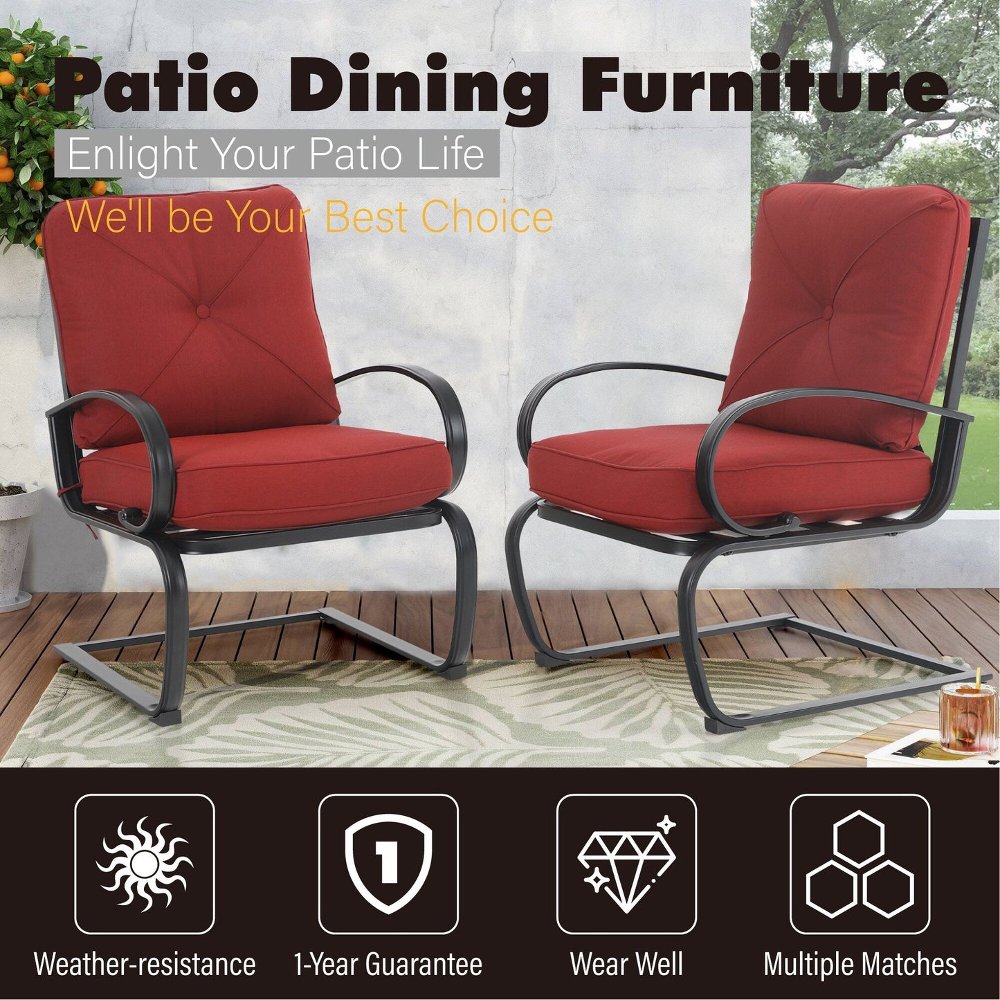 Set da pranzo per patio esterno 7/9 pezzi, 6/8 sedie con movimento a molla e cuscino, 1 sedia rettangolare