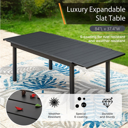 Set da pranzo per patio esterno 7/9 pezzi, 6/8 sedie con movimento a molla e cuscino, 1 sedia rettangolare