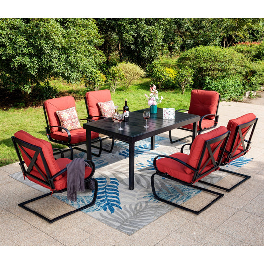 Set da pranzo per patio esterno 7/9 pezzi, 6/8 sedie con movimento a molla e cuscino, 1 sedia rettangolare