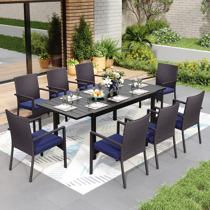 Set da pranzo per patio 7/9, tavolo da pranzo rettangolare espandibile per esterni con sedie in rattan