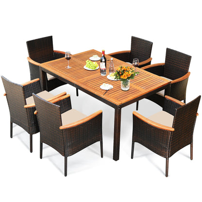 Set da pranzo per patio da 7 pezzi, set di mobili da esterno in rattan con foro per ombrellone