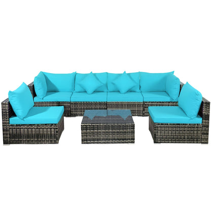 Set di 7 mobili da giardino, divano componibile in rattan con tavolino da caffè