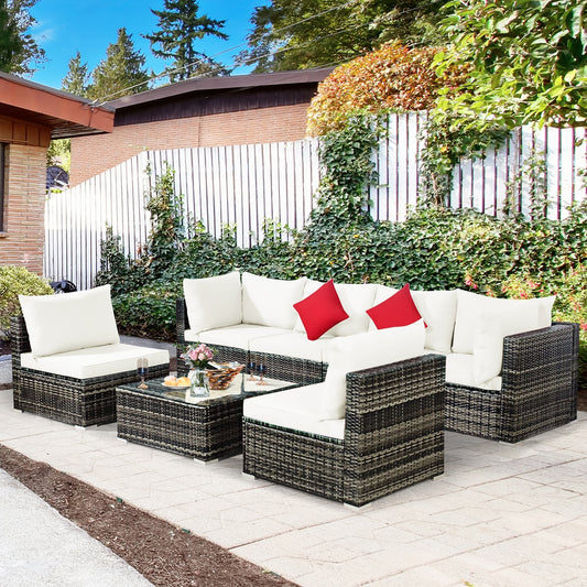 Set di 7 mobili da giardino, divano componibile in rattan con tavolino da caffè