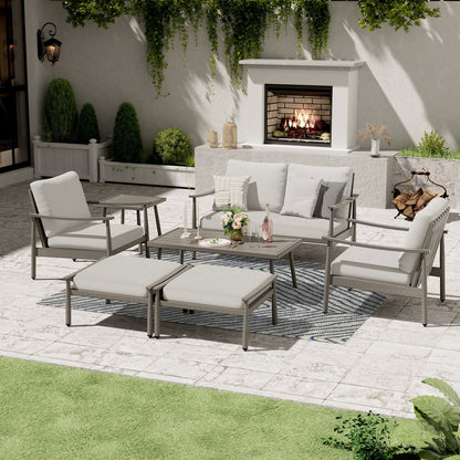 Set da conversazione in alluminio da 7 pezzi per patio, divano a due posti con pouf e tavolino da caffè