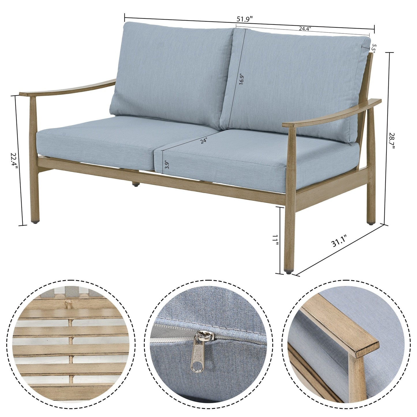Set da conversazione in alluminio da 7 pezzi per patio, divano a due posti con pouf e tavolino da caffè