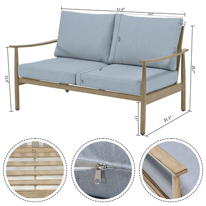 Set da conversazione in alluminio da 7 pezzi per patio, divano a due posti con pouf e tavolino da caffè