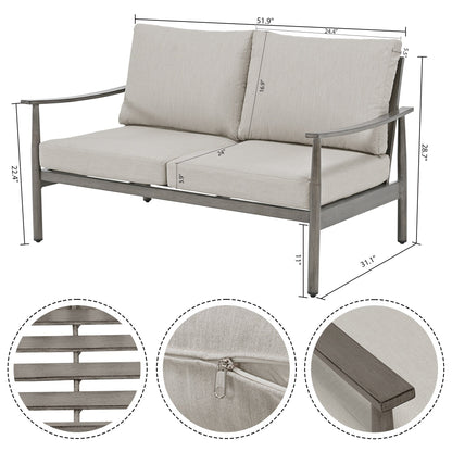 Set da conversazione in alluminio da 7 pezzi per patio, divano a due posti con pouf e tavolino da caffè
