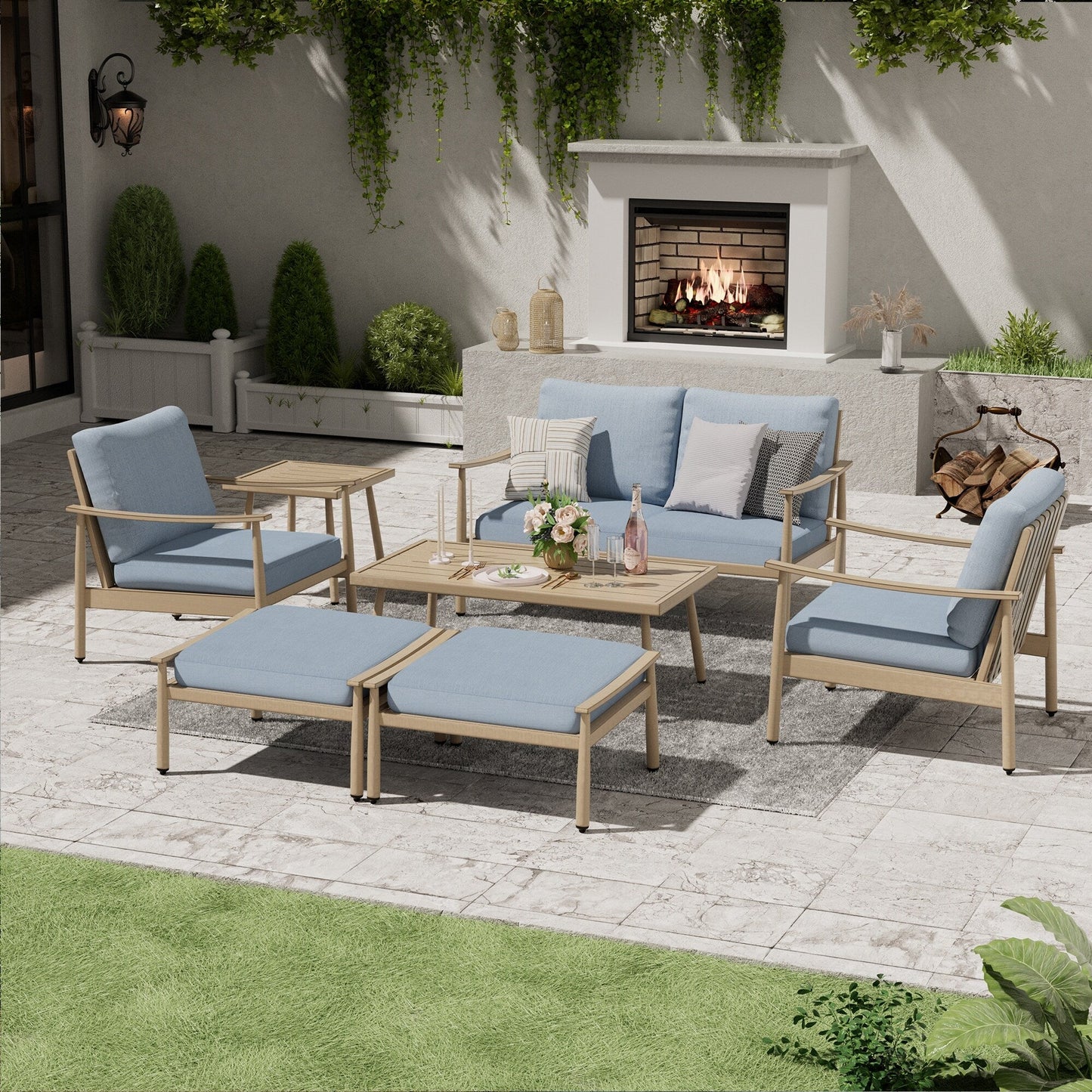Set da conversazione in alluminio da 7 pezzi per patio, divano a due posti con pouf e tavolino da caffè