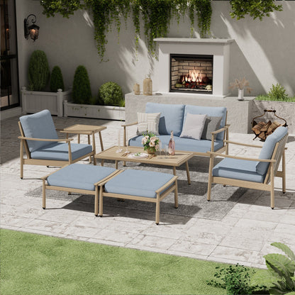 Set da conversazione in alluminio da 7 pezzi per patio, divano a due posti con pouf e tavolino da caffè