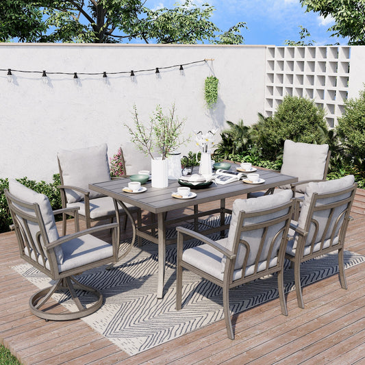 Set da pranzo per patio in alluminio da 7 pezzi con 2 sedie da pranzo girevoli e 4 sedie da pranzo e cuscini lavabili