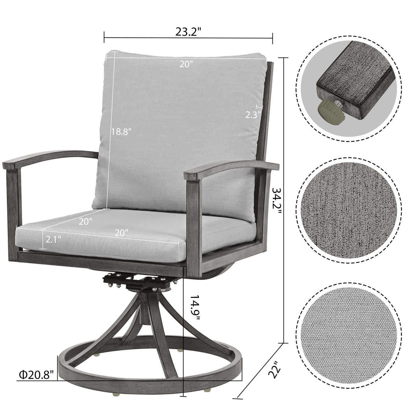Set da pranzo per patio in alluminio da 7 pezzi con 2 sedie da pranzo girevoli e 4 sedie da pranzo e cuscini lavabili