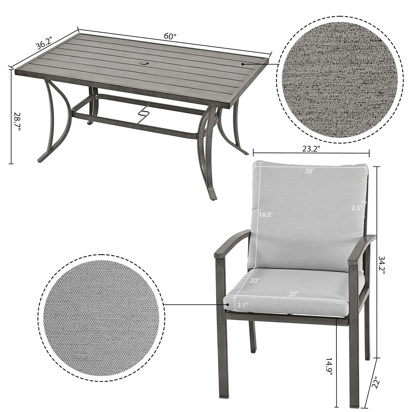 Set da pranzo da giardino in alluminio da 7 pezzi con tavolo e cuscini lavabili grigio chiaro