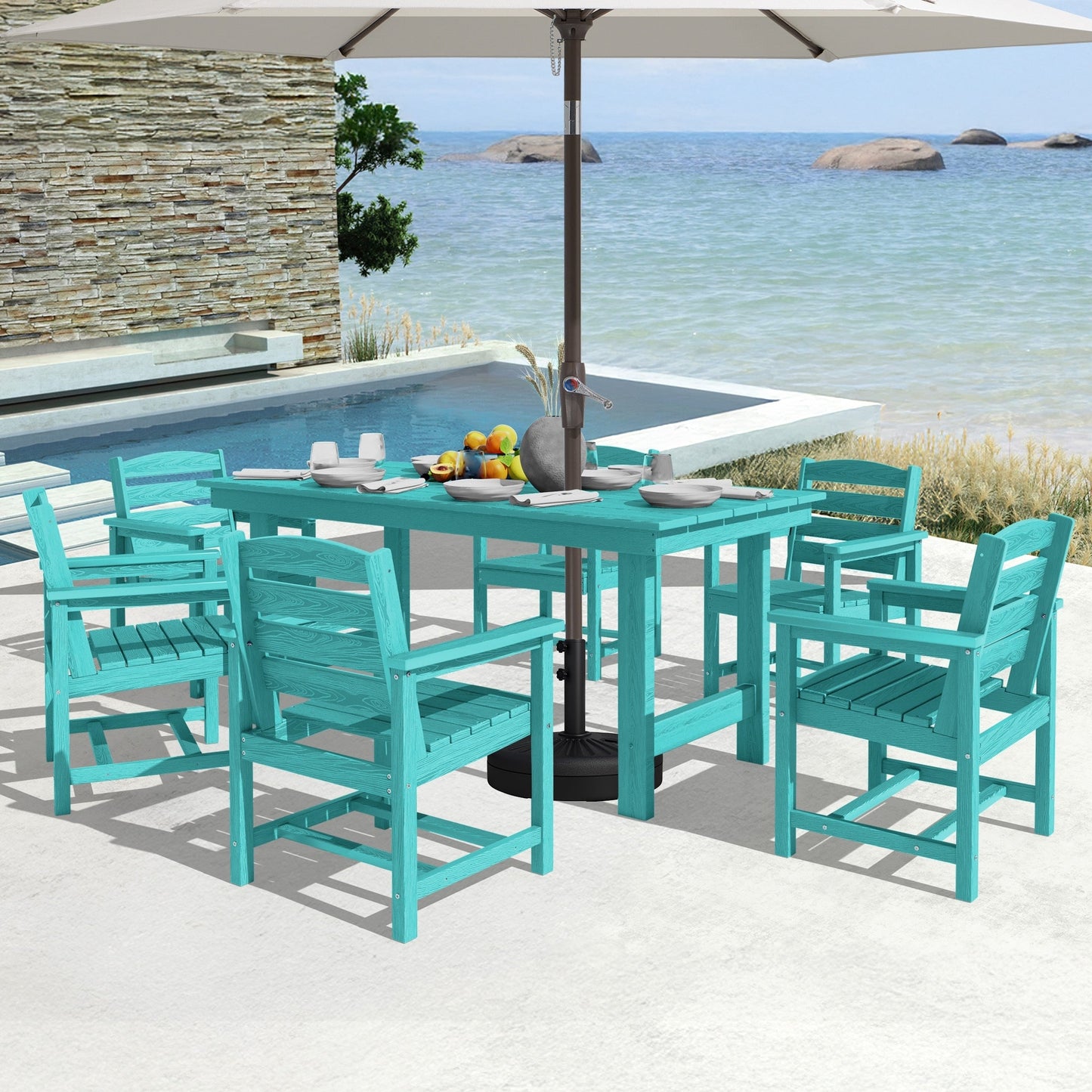 Set da pranzo per esterni in HDPE da 7 pezzi con foro per ombrellone - 1 tavolo e 6 sedie