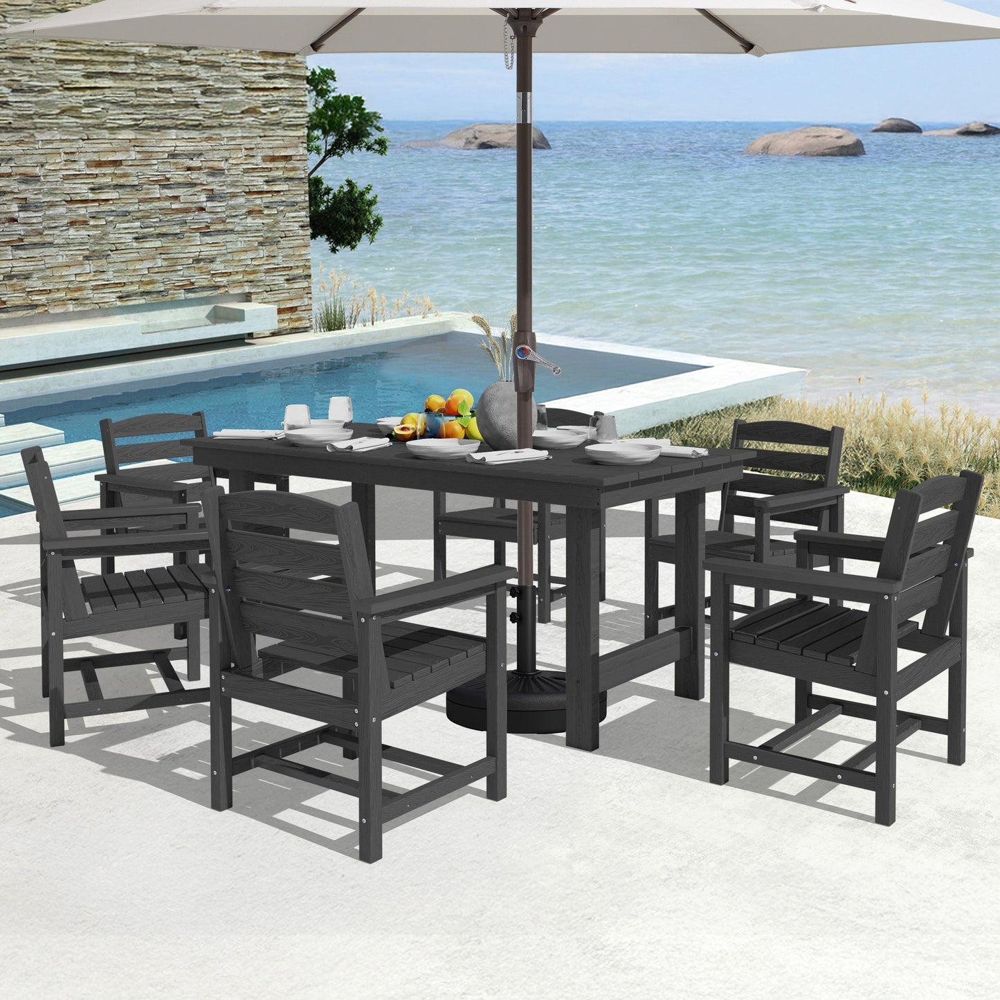 Set da pranzo per esterni in HDPE da 7 pezzi con foro per ombrellone - 1 tavolo e 6 sedie