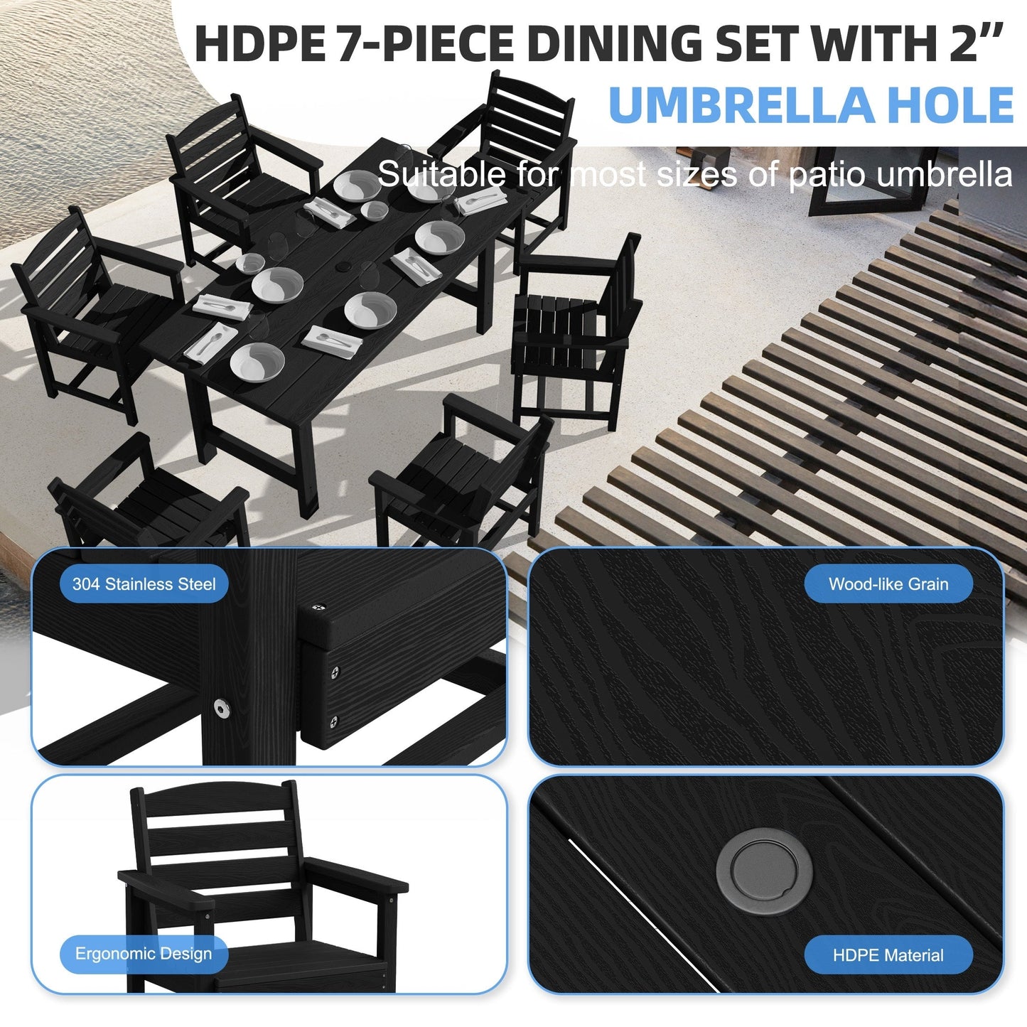 Set da pranzo per esterni in HDPE da 7 pezzi con foro per ombrellone - 1 tavolo e 6 sedie
